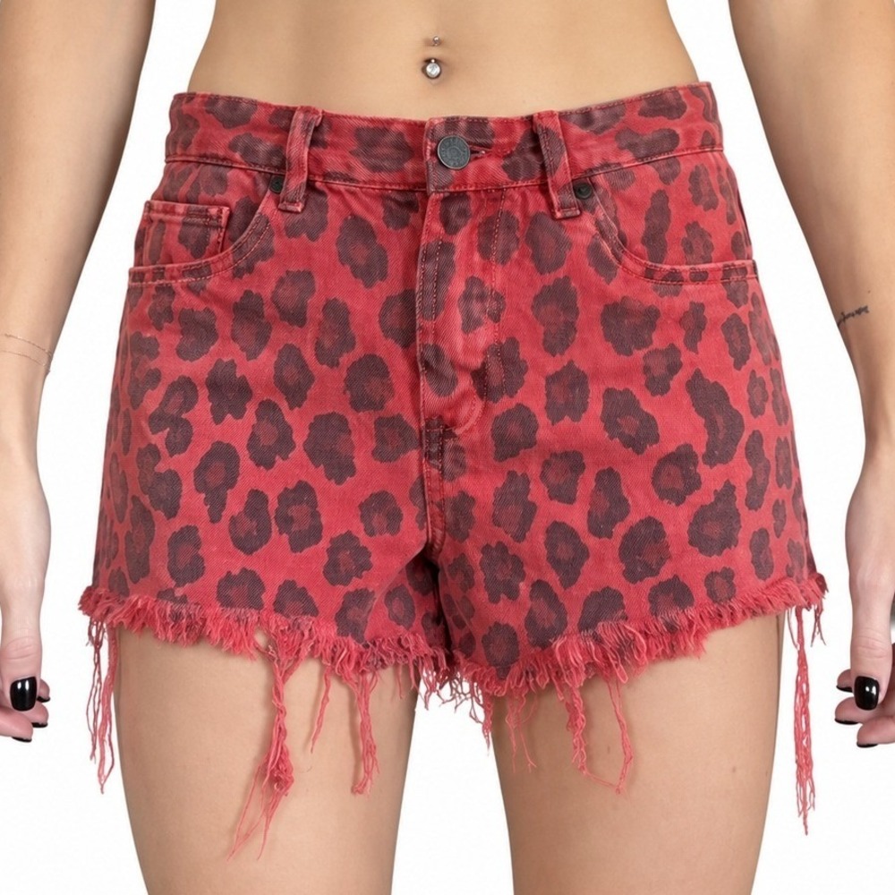 Red Leopard Print Distressed Denim Shorts Size 28